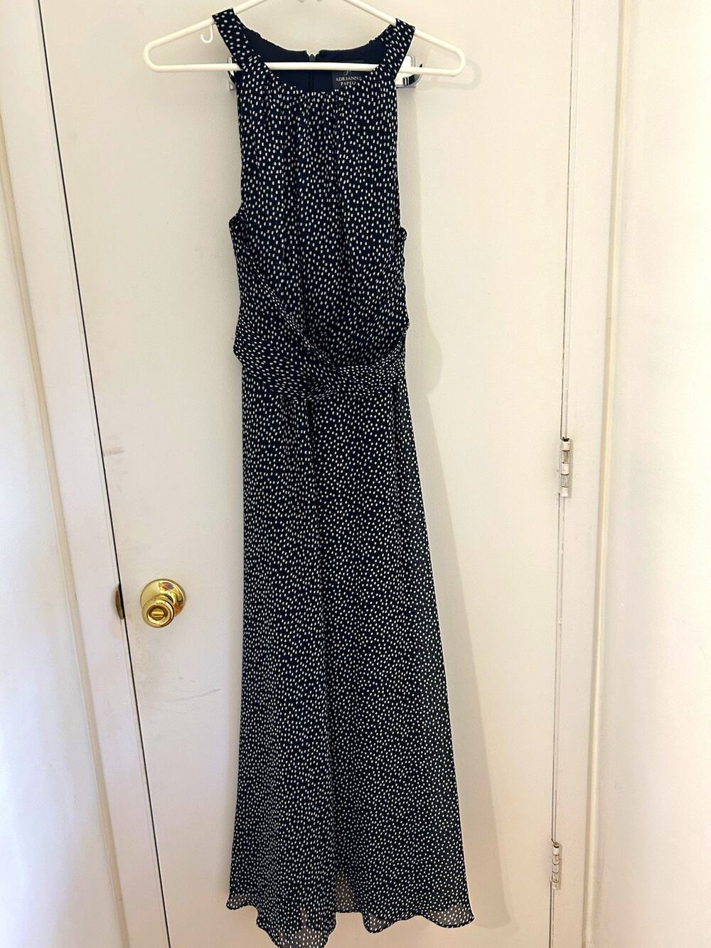 Adrianna Papell Navy/White Polka Dot Chiffon Maxi Dress Scoop Neck Zip 6